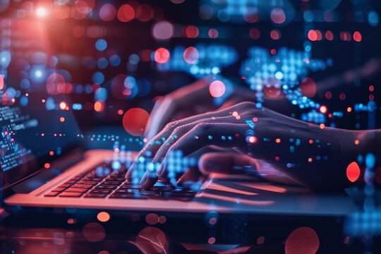 A cyber resilience specialist is typing on a laptop computer keyboard, A cyber resilience specialist developing strategies to recover from cyber attacks