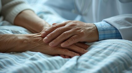 A close-up of a caregiver holding the hand of a cancer patient, conveying support and compassion.