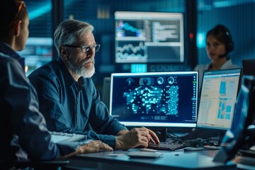 Cybersecurity consultant advising a company on data protection measures while working at his computer, A cybersecurity consultant advising a company on best practices