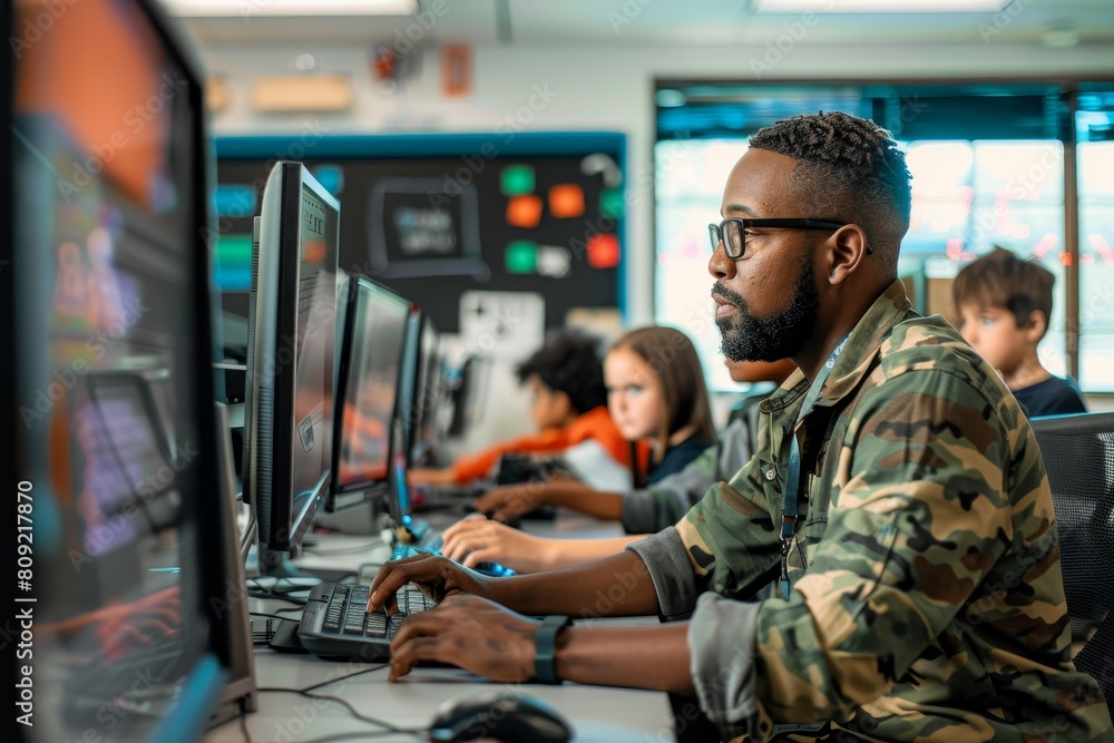 Poster a man sitting in front of a computer monitor explaining cybersecurity concepts to students, a cybers