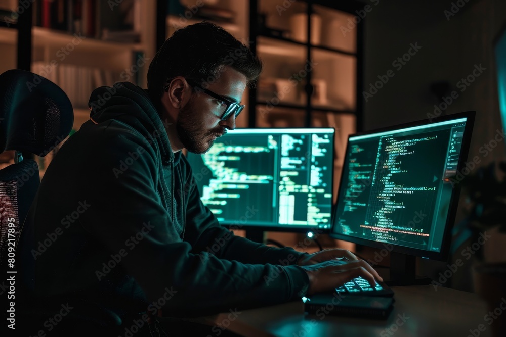Aufkleber a man, a cybersecurity engineer, sits at a desk and works on a laptop computer, a cybersecurity engi