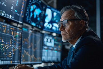 A cybersecurity consultant in a suit and glasses is focused on a computer screen, A cybersecurity consultant conducting a risk assessment