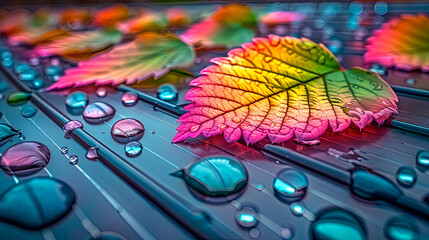 Fototapeta premium Raindrops on the colorful autumn leaves on solar panel.