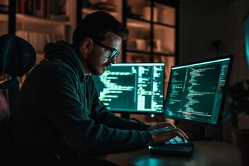 A man, a cybersecurity engineer, sits at a desk and works on a laptop computer, A cybersecurity engineer building a secure platform for online transactions