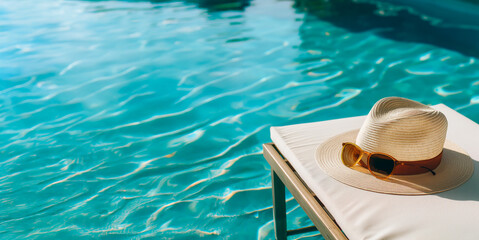 Straw hat and sunglasses on a poolside lounge chair with turquoise water background. Banner with copy space