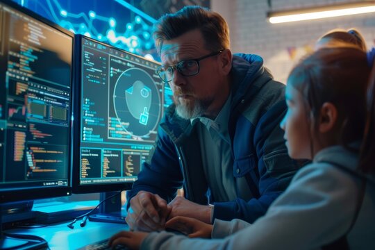 A man and a woman are focused on a computer screen in a cybersecurity class, A cybersecurity educator teaching students about online safety