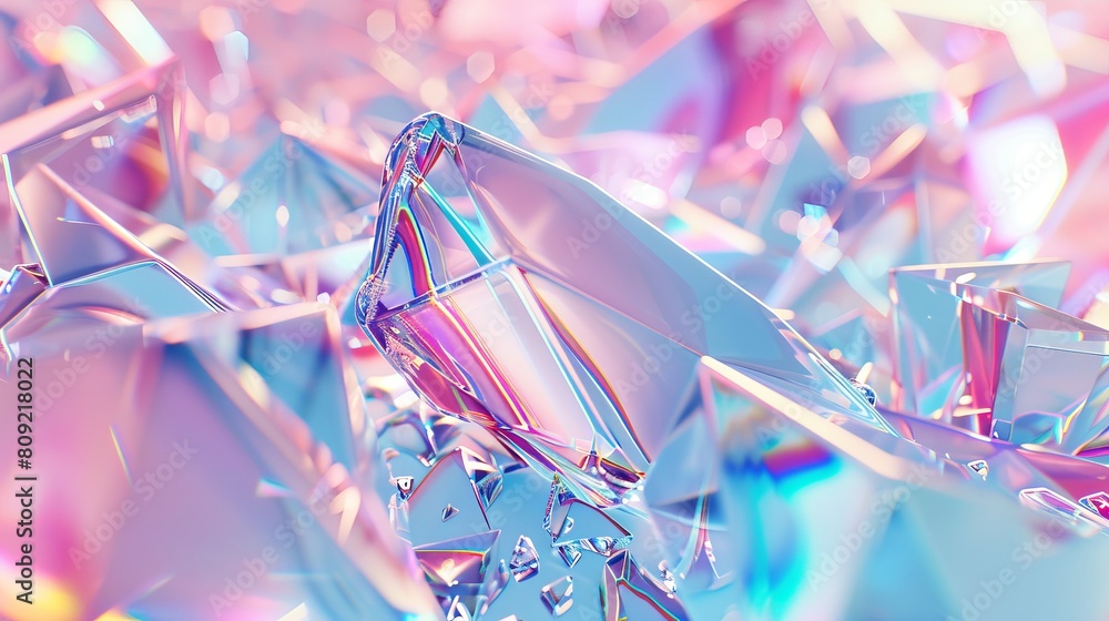Poster an abstract geometric crystal background with an iridescent texture, resembling liquid. presented in