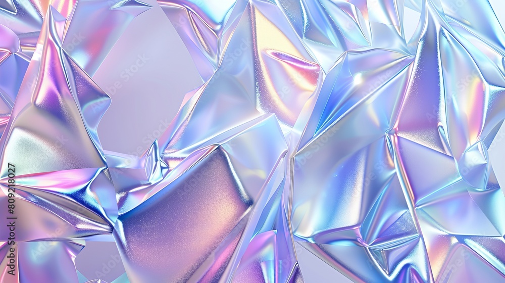 Poster an abstract geometric crystal background with an iridescent texture, resembling liquid. presented in