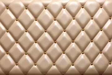 Elegant beige leather Chesterfield sofa texture with diamond-shaped stitched tufted buttons. Luxurious furniture background.
