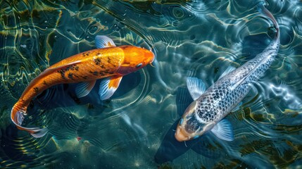 Fototapeta premium Two koi fish swimming gracefully in a shimmering pond