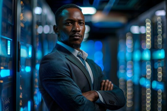 A cybersecurity entrepreneur in a suit stands confidently in a server room filled with computer equipment, A cybersecurity entrepreneur launching a startup to combat cyber threats