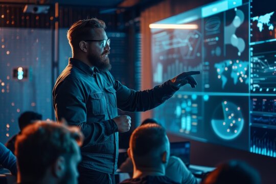 A man stands in front of a group, giving a presentation on cyber security, A cyber security expert giving a presentation on cyber threats