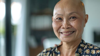 A malay bald cancer patient smiling brightly, showcasing inner strength. 