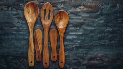   Three wooden spoons aligned on a wooden table, near a wall