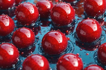 Dewy Red Spheres: A Close-Up Against a Sunny Yellow Backdrop