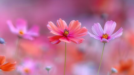   A cluster of vibrant pink and orange blossoms amidst a sea of pink and orange petals in the center of a vast pink and orange meadow
