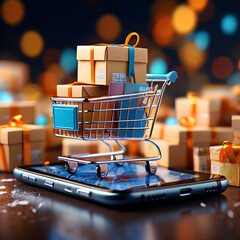 Tiny Shopping cart with gift boxes on mobile smartphone Online ecommerce internet digital sale concept poly illustration