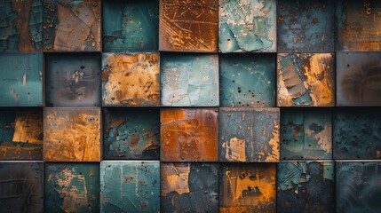 Abstract Pattern Of Rusty Metal Squares With Weathered Paint Textures. Generative AI