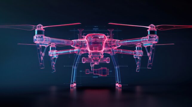 X-ray like visualization of a drone showcasing internal design and structure on a dark backdrop