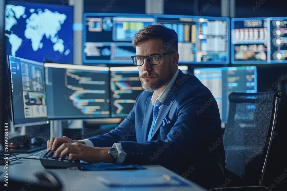 Poster A man sits at a desk, focusing on a computer screen as he works, A cybersecurity manager overseeing a team of security professionals