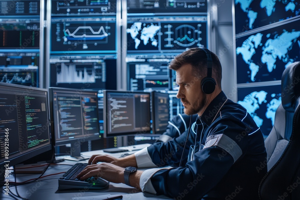 Poster a man sitting in front of a computer monitor, focused on cybersecurity tasks, a cybersecurity manage
