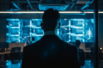 A man dressed in a suit is standing in front of a window, A cybersecurity manager overseeing a team of security professionals
