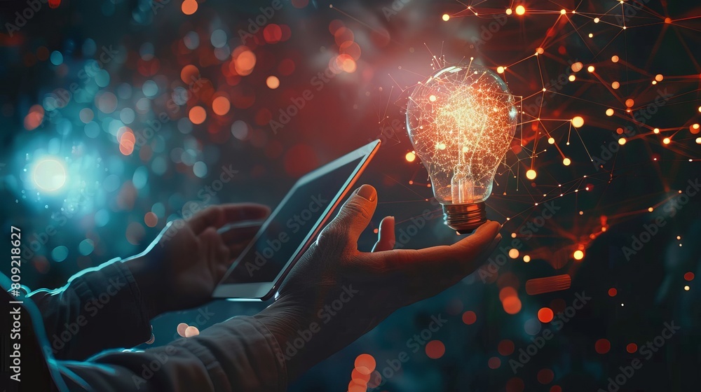 Poster abstract. innovation. hands holding tablet with light bulb future technologies and network connectio