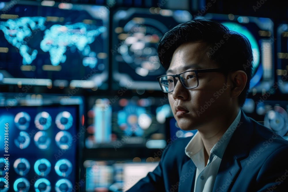 Poster a man in a suit and glasses carefully examines a computer screen displaying malware code, a cybersec