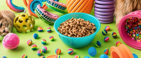 Pet Toys, Grooming Equipment, And A Bowl Of Dry Food Are Arranged On A Green Background, Emphasizing Pet Care And Well-Being, Background