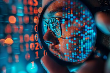 Man closely inspects computer screen with magnifying glass for cybersecurity investigation, A cybersecurity specialist investigating a data breach