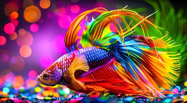The image is of a multi-colored betta fish with a blue background with a gradient to purple. The fish is sitting on a bed of rainbow colored rocks.