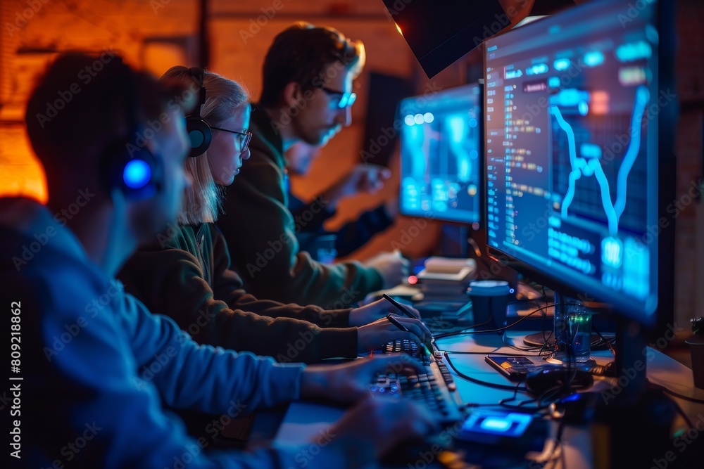 Poster group of individuals sitting together, examining data on a computer screen to respond to a cybersecu
