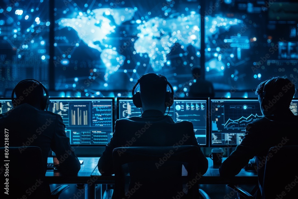 Poster a group of people analyzing data on computer monitors, working together to respond to a cybersecurit