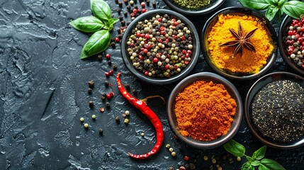   A bowlful of various spices and herbs atop a dark surface, beside a red pepper, basil, and assorted peppers