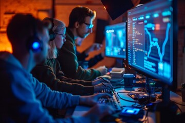 Group of individuals sitting together, examining data on a computer screen to respond to a cybersecurity incident, A cybersecurity team responding to a cyber incident in real time
