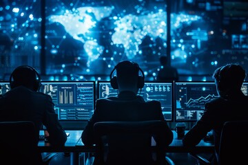A group of people analyzing data on computer monitors, working together to respond to a cybersecurity incident, A cybersecurity team responding to a cyber incident in real time