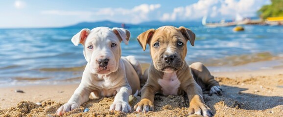 Two Charming Pit Bull Puppies Enjoy The Sandy Shores Of A Beach, Surrounded By The Beauty Of Nature, Background