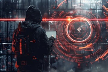 A man wearing a hooded jacket is actively engaged with a laptop, A cyber threat hunter searching for signs of malicious activity