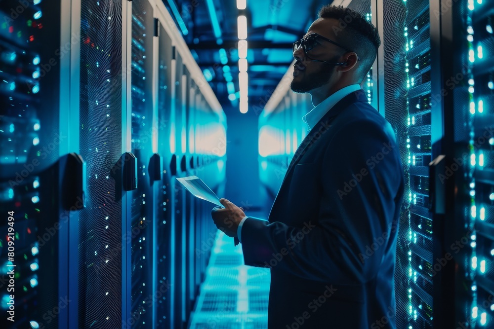 Poster a man standing in front of a server in a data center, inspecting hardware and data security protocol