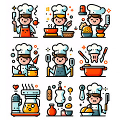 Fototapeta premium Icons on the theme of professional kitchen, cooks, equipment and products, a group of people in chef hats with professional tools, kitchen equipment. Flat art for kitchen instructions, restaurants