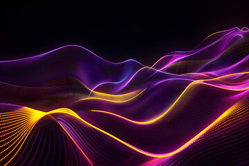 Electric neon lines in shades of purple and yellow. Abstract neon art on black background.