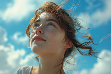 Portrait of young woman looking upwards to the left against blue sky and white clouds with blowing in the wind