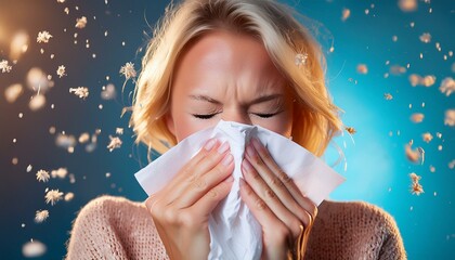 eine Frau hat pollen Allergie und niest in einen Papiertaschentuch, pollen in der luft