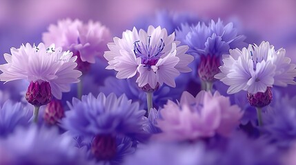   A field of purple and white flowers with purple and white petals