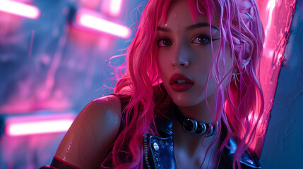 Futuristic portrait of girl in futuristic clothes and pink hair