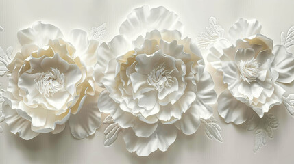 Delicate and detailed background of white paper flowers with soft shadows