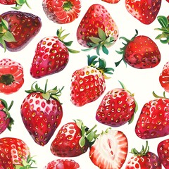 Colorful strawberry water color seamless pattern with fruits and flowers. Doodle fabric print template with red berries. Hand drawn juicy package design.