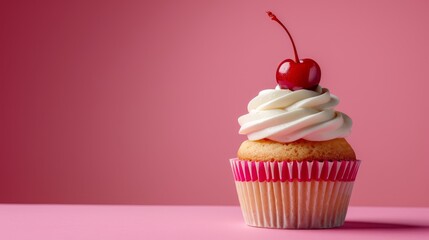   A cupcake topped with white frosting and a cherry - Powered by Adobe