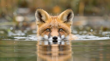 Fototapeta premium Red Fox Swimming - Beautiful Reflections in the Water of a Young Wild Fox with Striking Red Coat