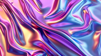 An iridescent chrome gradient cloth fabric background featuring ultraviolet holographic foil texture and metallic reflections. Offers a mesmerizing visual effect with liquid surface ripples.